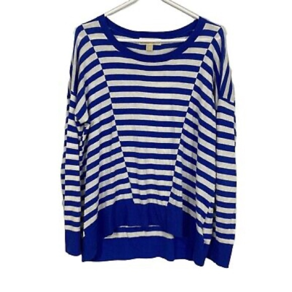 Michael Kors Womens Blue Striped Long Sleeves Round Neck Blouse Top Size Small